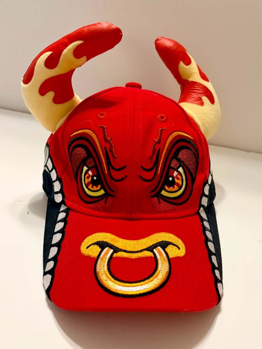 El Toro Loco Red Novelty Horned Baseball Cap with Embroidered Face